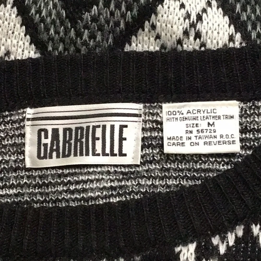 Gabrielle Sweater Sz M Abstract Vintage Long Sleeves with Genuine Leather Trim